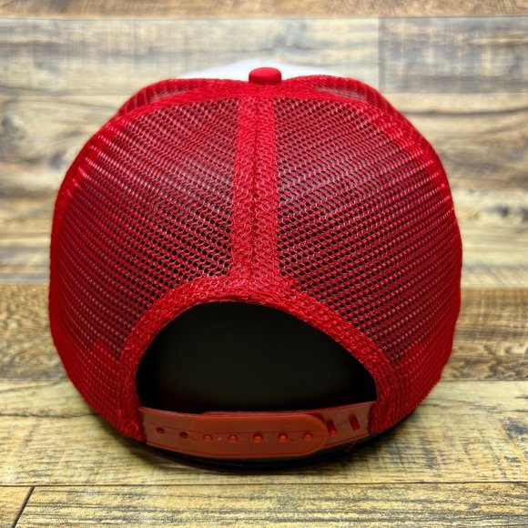 80s Soccer Logo Mens Trucker Hat Red Snapback Throwback Advertisement Ball Cap - Picture 4 of 7